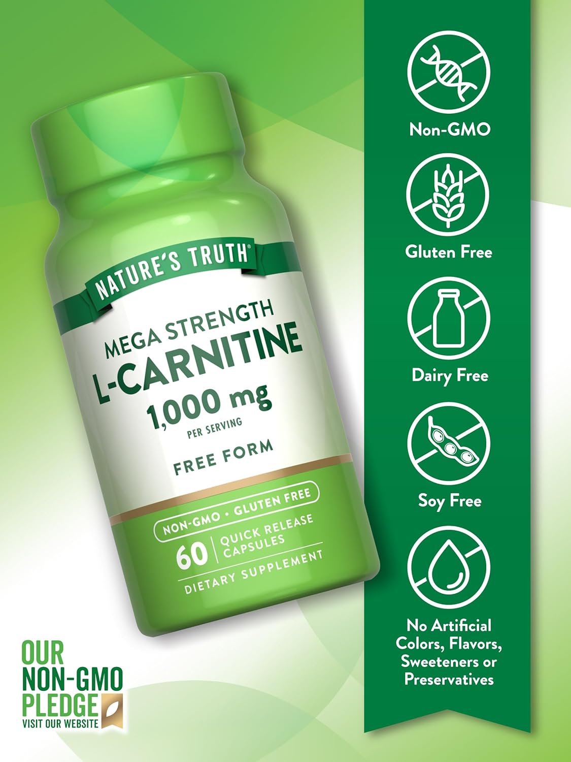 Mega Strength L-Carnitine 1000mg Supplement | 60 Capsules | Free Form | Non-GMO & Gluten Free | Nature's Truth