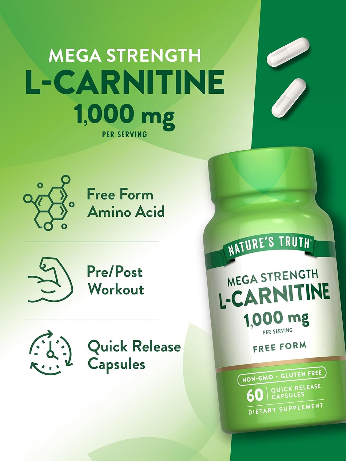 Mega Strength L-Carnitine 1000mg Supplement | 60 Capsules | Free Form | Non-GMO & Gluten Free | Nature's Truth