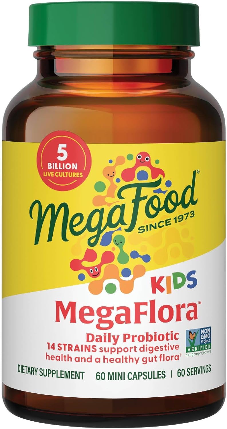 MegaFood MegaFlora Kids Probiotics - 5 Billion CFUs for Digestive Health - Non-GMO, Vegetarian - 60 Mini Capsules