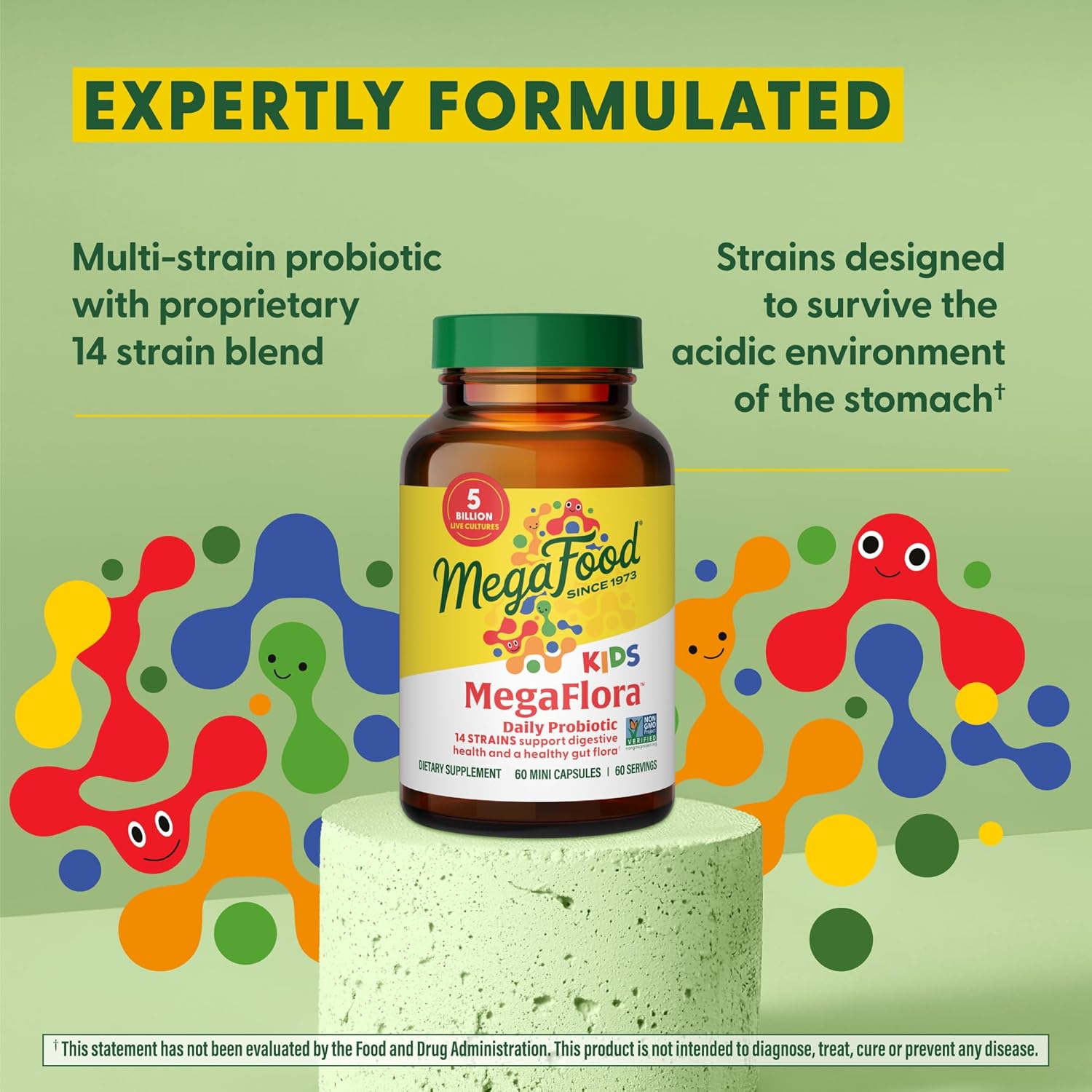 MegaFood MegaFlora Kids Probiotics - 5 Billion CFUs for Digestive Health - Non-GMO, Vegetarian - 60 Mini Capsules