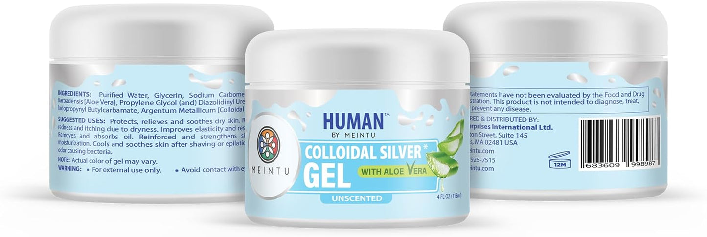 MEINTU Human™ Ultra-Pure Colloidal Silver Gel with Aloe Vera - 4 oz - 75 PPM - Skin Hydrosol Gel Solution for All Ages