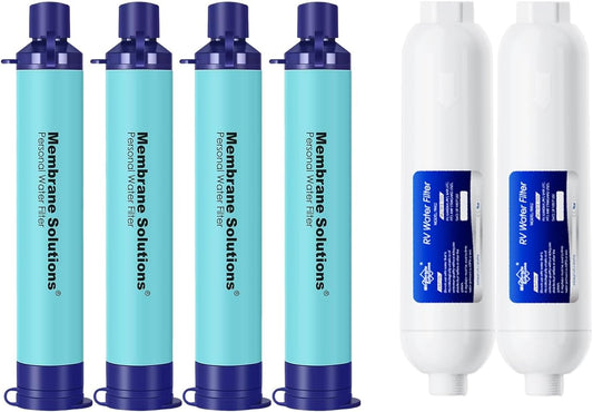 Membrane Solutions 5 Stage Water Filter Straw 4 Pack & RV Water Filter 2 Pack Combo for Group Camping & Emergencies