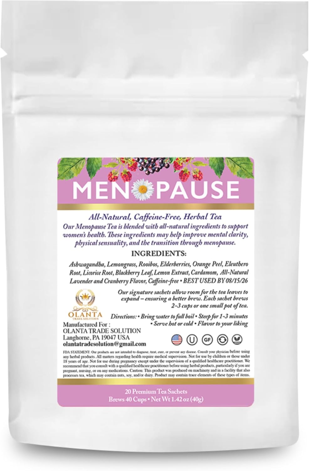 Menopause Comfort Herbal Tea - Natural Supplements for Women, Caffeine-Free Hot Flashes Relief - 20 Premium Sachets