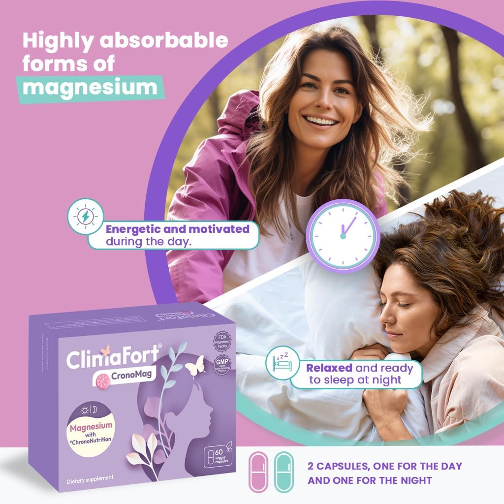 Menopause Energy Supplement with Magnesium Bisglycinate & B12 | Climafort CronoMag | 5 Salts Glycerophosphate | 30 Day Supply