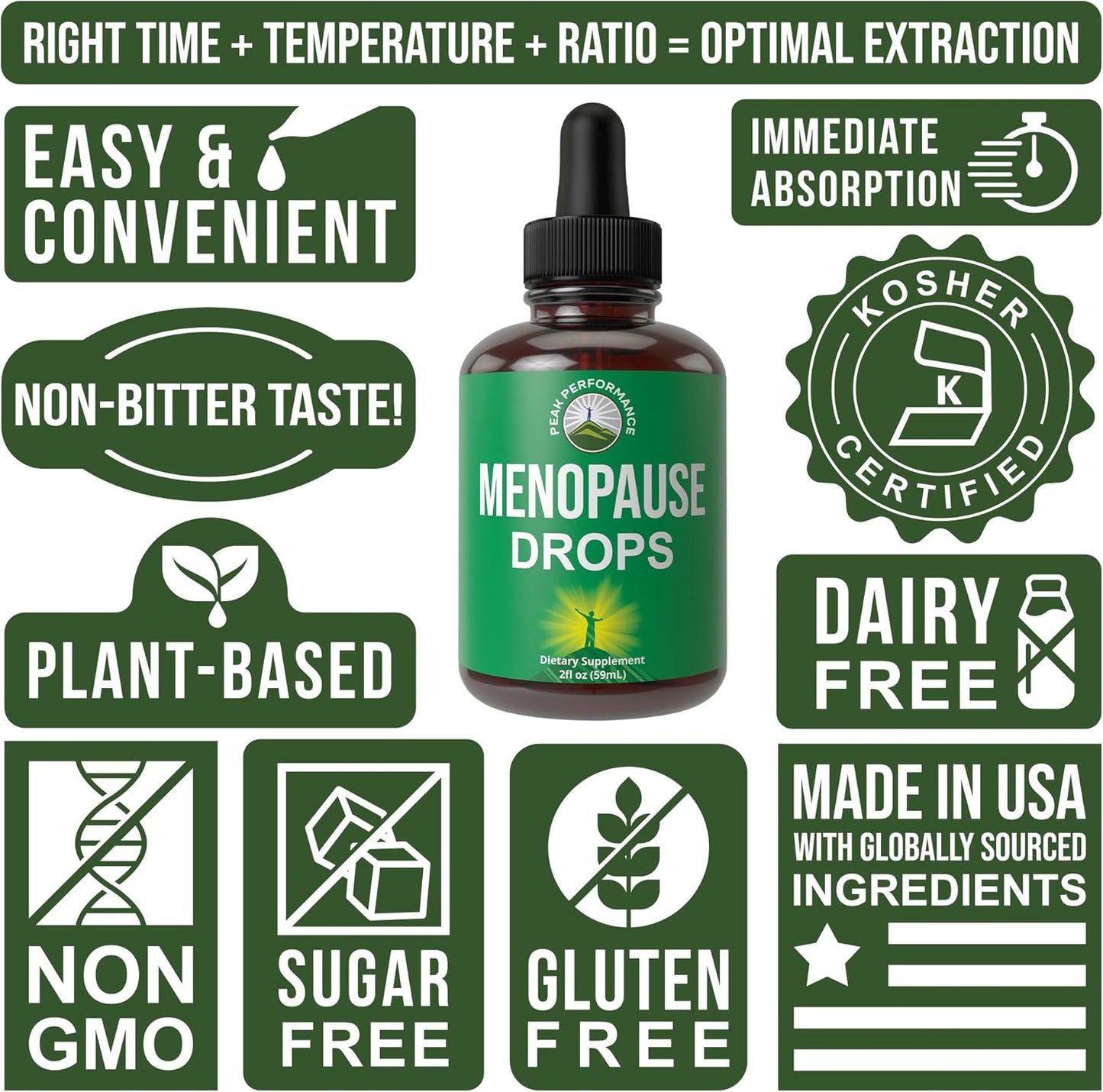 Menopause Relief Liquid Drops with 7 Herbal Ingredients for Peak Performance - Vegan Support for Hot Flashes and Hormonal Balance