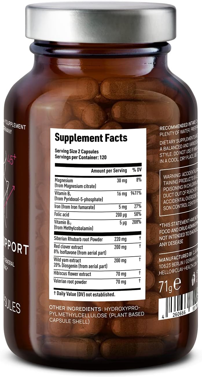 Menopause Support Capsules with Wild Yam Root, Red Clover & Siberian Rhubarb - Hot Flash Relief & Mood Swing Support