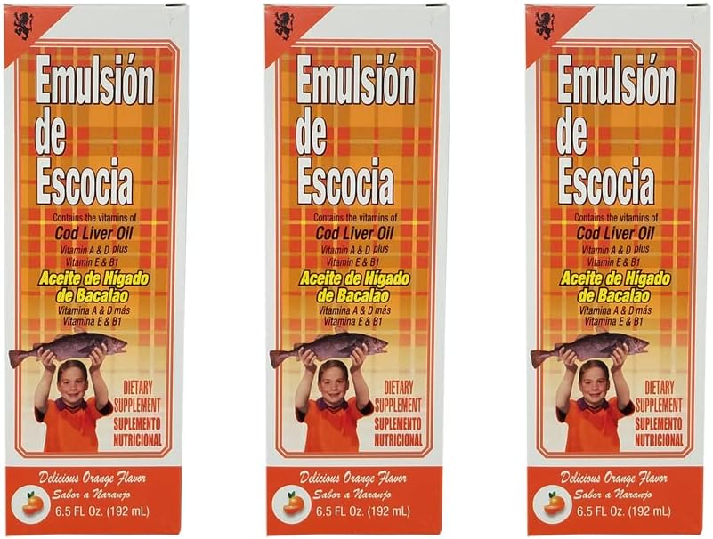 Menper Scotland Emulsion Cod Liver Oil Supplement with Vitamins A, D, E, B1 - Orange Flavored - 6.5 Fl.Oz - Pack of 3