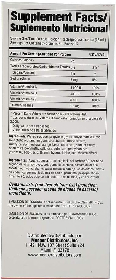 Menper Scotland Emulsion Cod Liver Oil Supplement with Vitamins A, D, E, B1 - Orange Flavored - 6.5 Fl.Oz - Pack of 3