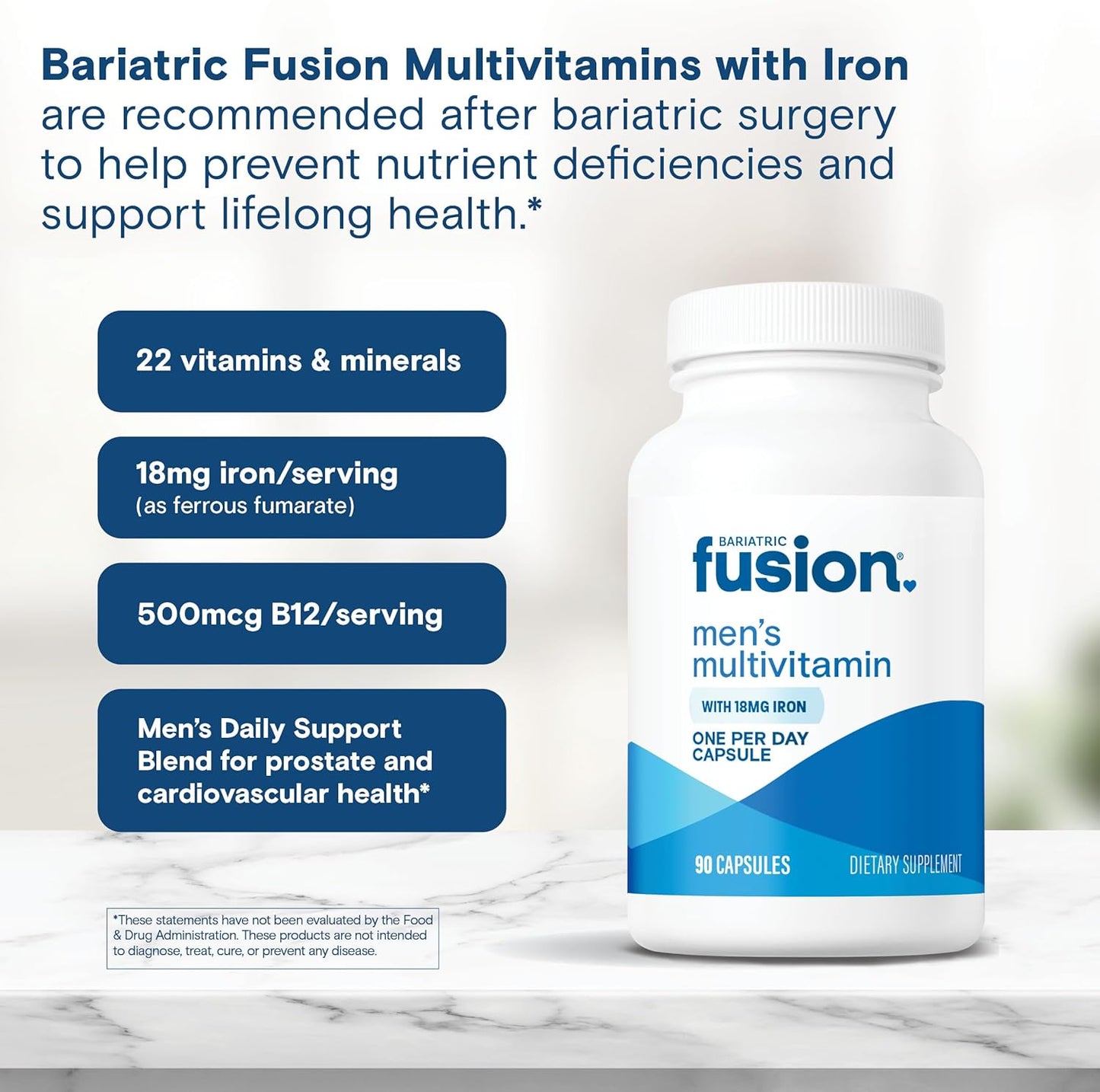 Men's Bariatric Fusion One Per Day Multivitamin with Iron - Prostate & Heart Support - 90 Capsules