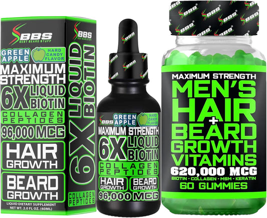 Men's Beard Growth Kit: Liquid Biotin Supplement, Collagen Peptides, 620,000mcg Biotin Gummies - Hair Growth Vitamins