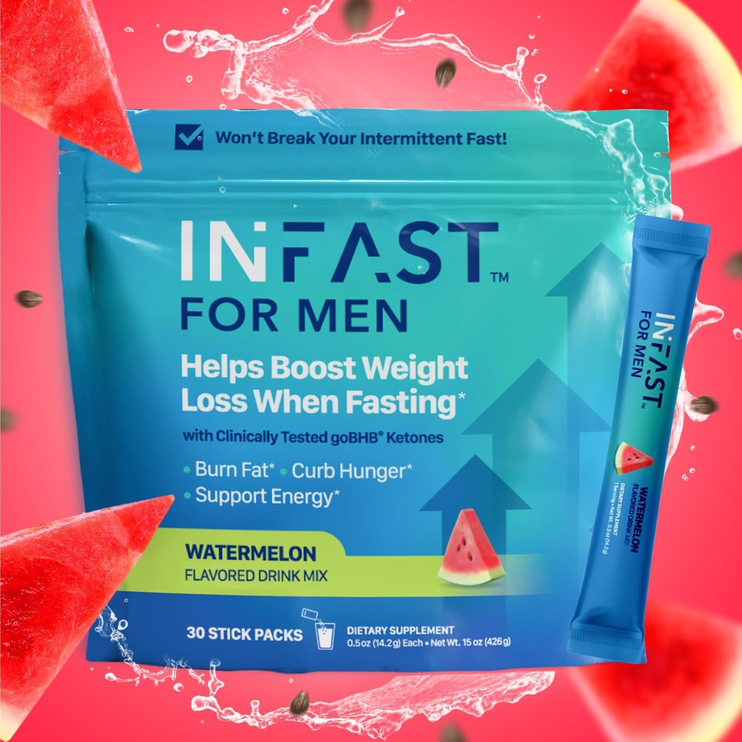 Men's BHB Exogenous Ketones Powder Drink Mix for Intermittent Fasting - Watermelon Flavor with Electrolytes & Green Coffee Bean Extract - 30ct