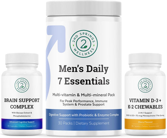 Men's Health Vitality Bundle: Brain Support Complex, Daily Essentials, Vitamin D3 + K2 for Optimal Wellness