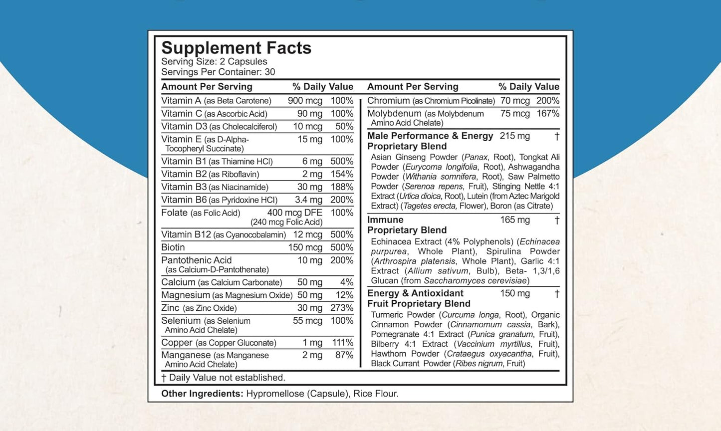 Men's Multi 18+ NuBest 38-in-1 Capsules with Asian Ginseng, Ashwagandha, Turmeric, Tongkat Ali, Saw Palmetto - Supports Bone, Muscle Strength, and Immune System - 2 Pack
