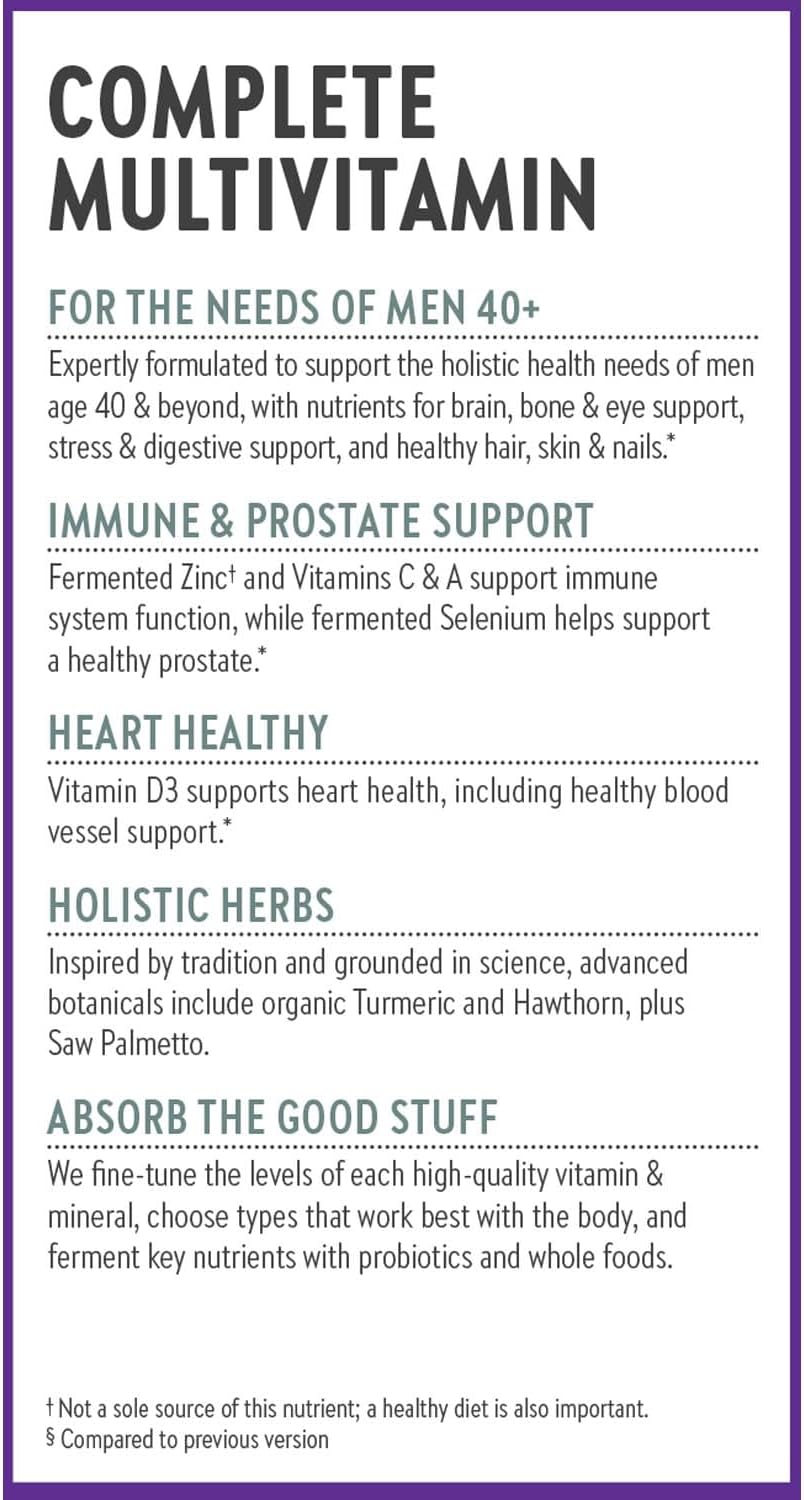 Men's Multivitamin 40 Plus with Energy, Heart, Prostate & Immune Support - Organic Vegetables & Herbs - Non-GMO - 48 ct