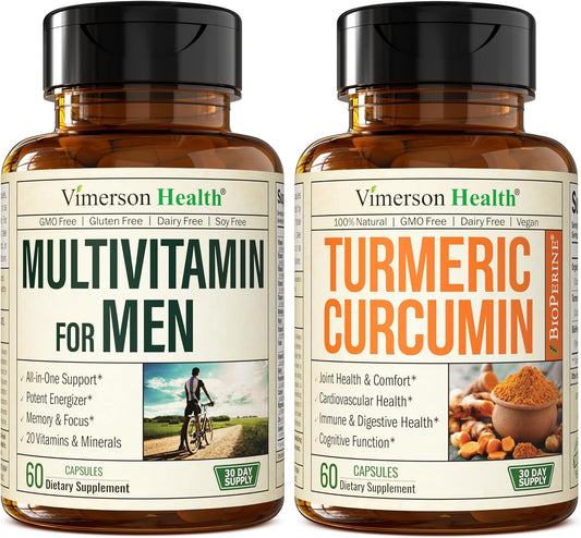 Men's Multivitamin with Turmeric Curcumin and Black Pepper Extract Bundle for Joint, Immune Support, Relief, Inflammation Balance, Antioxidants