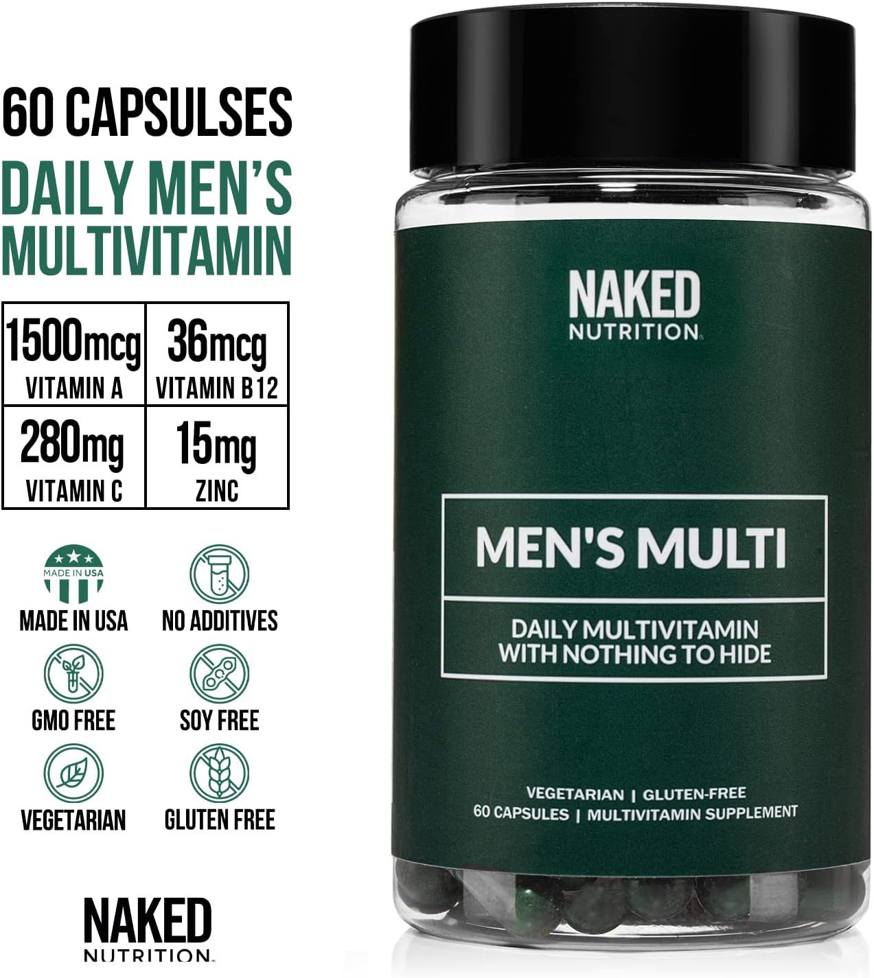 Men's Multivitamin with Vitamins A, C, E, Zinc, and Selenium - Immune Support and Energy Boost - Gluten-Free and Vegetarian - 60 Capsules