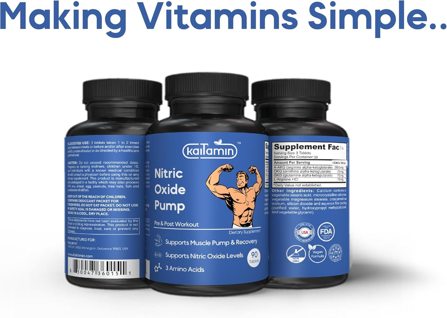 Men's Nitric Oxide Pre Workout Supplement - 90 Vegan Pills for Muscle Growth & Male Health - Arginine Glutamine Ornithine Formula