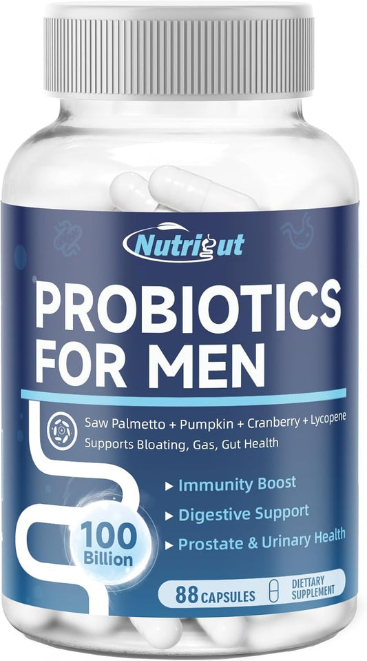 Men's NutriGut Probiotics: 100 Billion CFUs with Prebiotics, Saw Palmetto, Pumpkin Seed & More for Prostate & Urinary Health - 88 Capsules