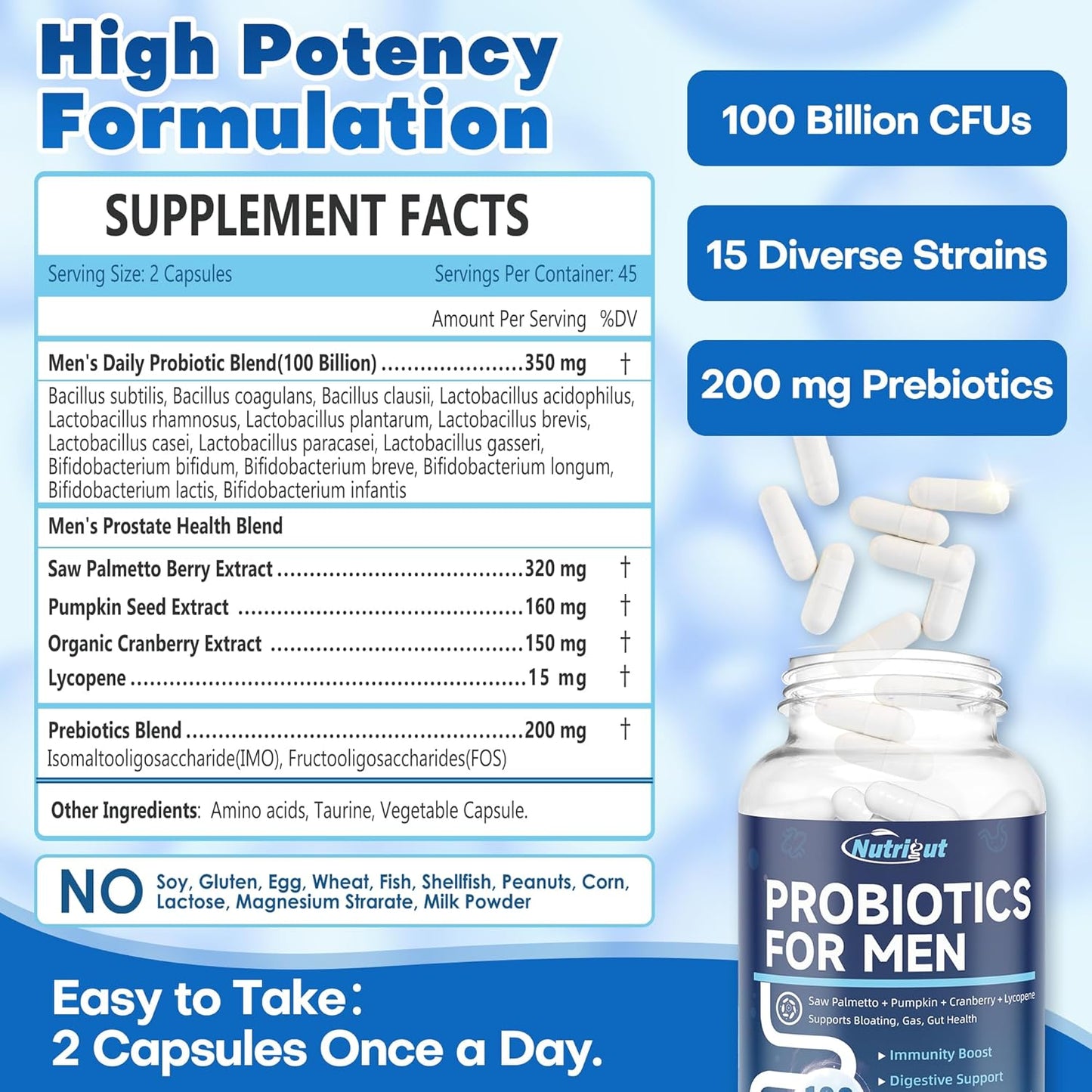 Men's NutriGut Probiotics: 100 Billion CFUs with Prebiotics, Saw Palmetto, Pumpkin Seed & More for Prostate & Urinary Health - 88 Capsules