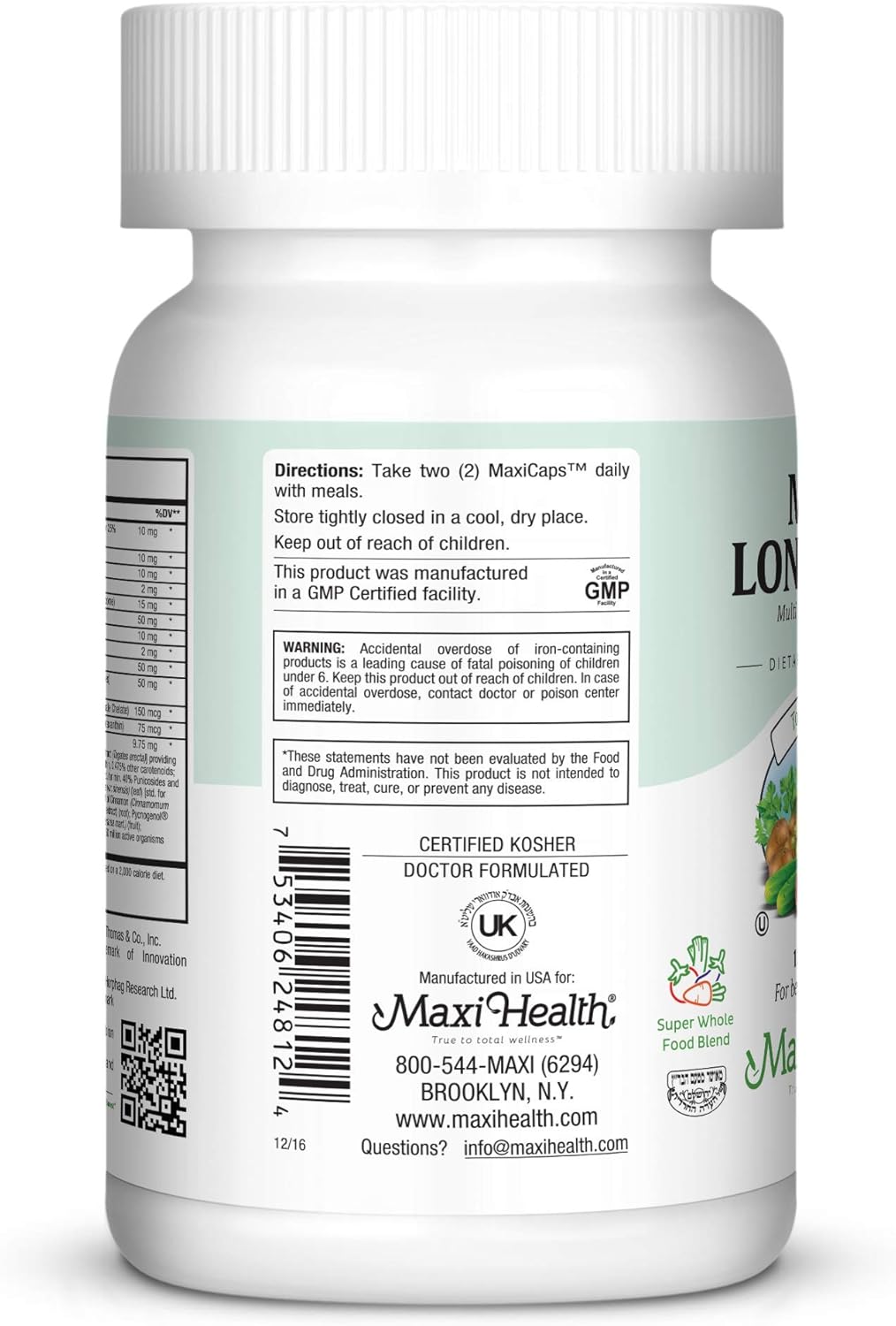 Men's Over 50 Multivitamin Supplement - Maxi Health Longevity - 120 Capsules, Kosher Certified