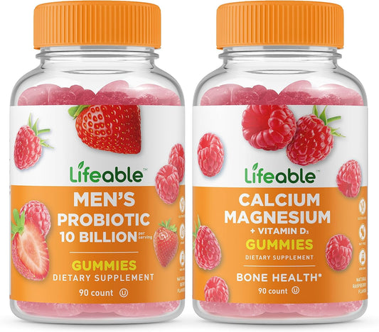 Men's Probiotic Gummies Bundle with Calcium Magnesium - 10 Billion CFU, Vitamin Supplement, Gluten Free, GMO Free, Chewable