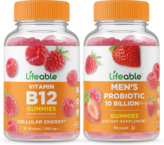 Men's Probiotic Gummies Bundle with Vitamin B12 - Delicious Chewable Supplements, Gluten-Free and Non-GMO - 10 Billion Probiotics
