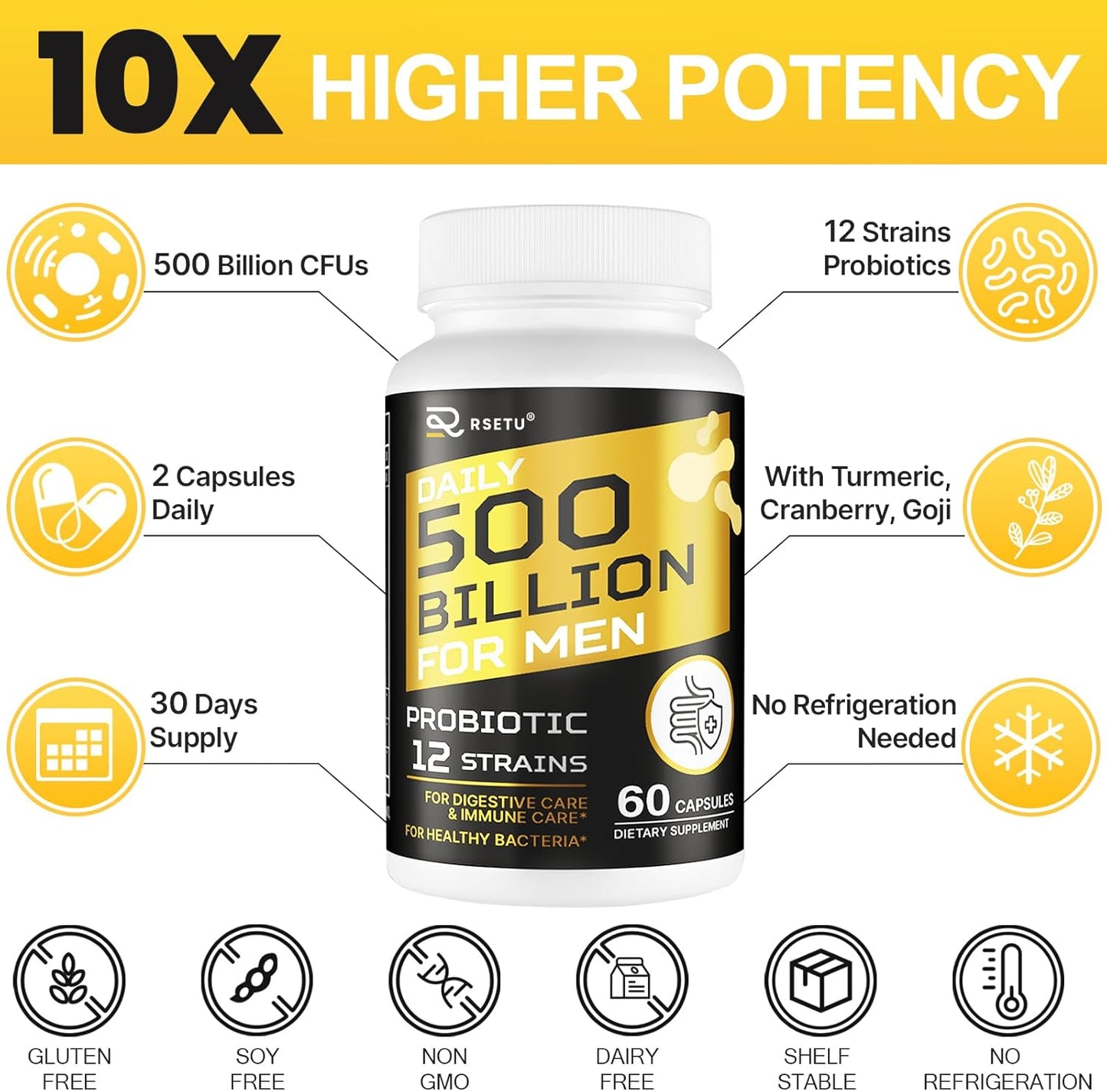 Men's Probiotic with 500 Billion CFUs, 12 Strains, Turmeric, Cranberry, Goji - Gut & Digestive Health, Immune & Energy Support - 120-Day Supply