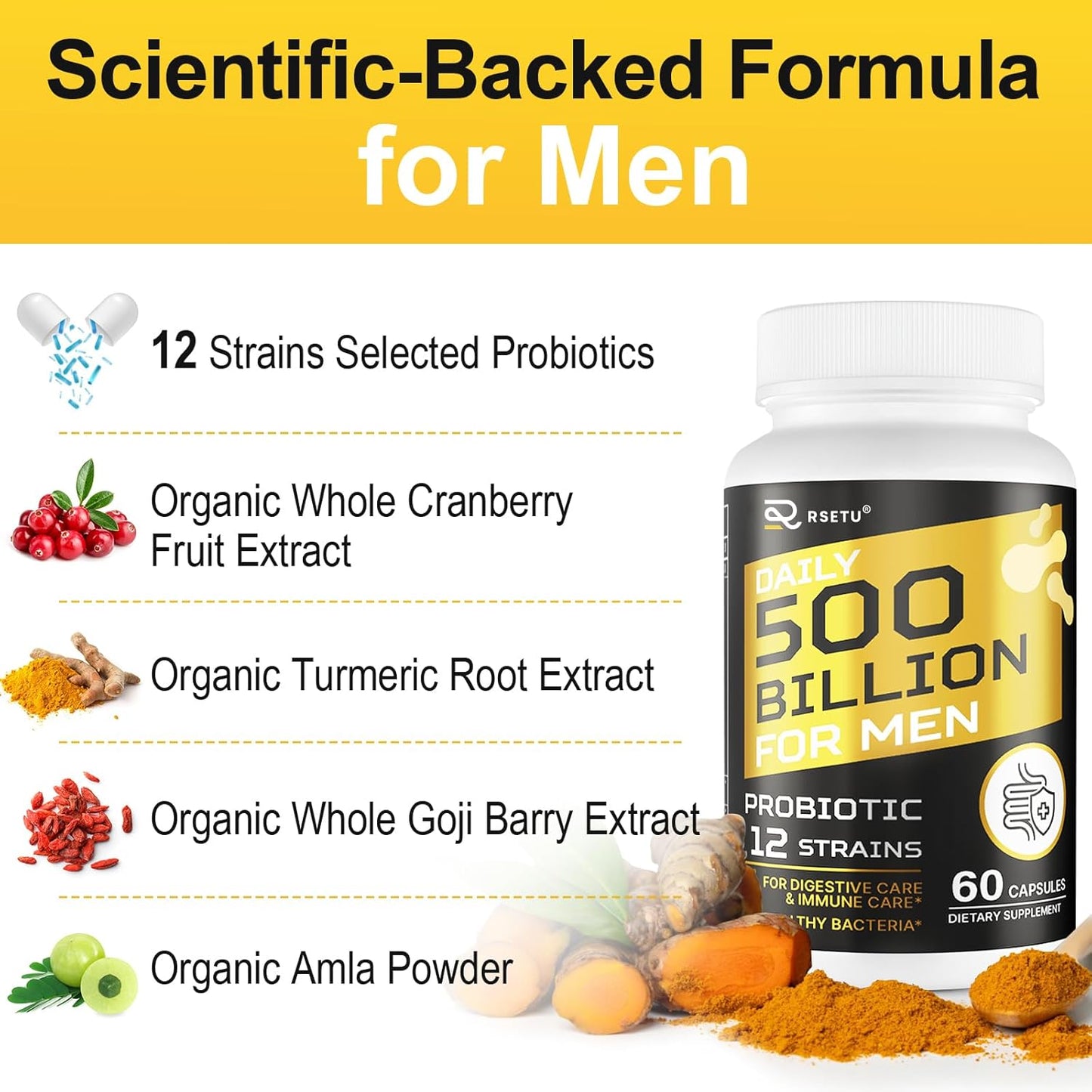 Men's Probiotic with 500 Billion CFUs, 12 Strains, Turmeric, Cranberry, Goji - Gut & Digestive Health, Immune & Energy Support - 120-Day Supply