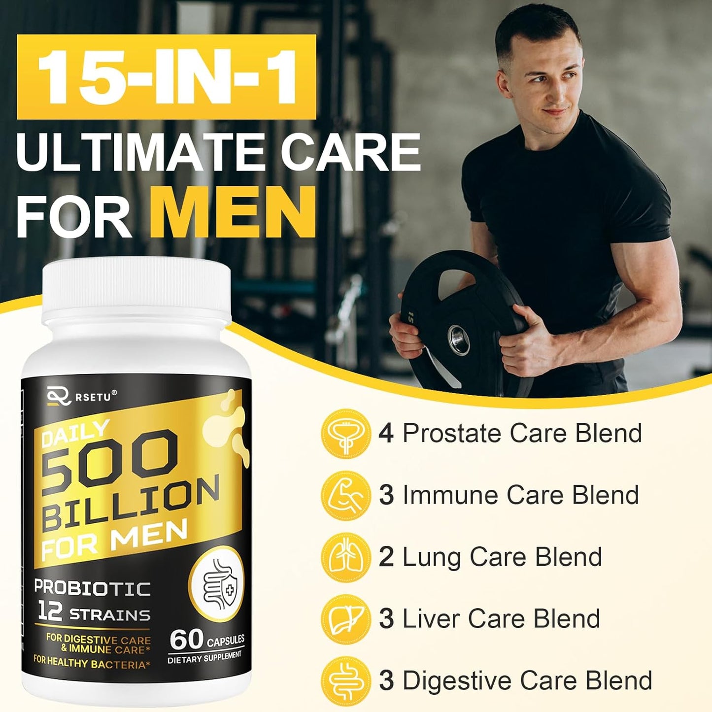 Men's Probiotic with 500 Billion CFUs, 12 Strains, Turmeric, Cranberry, Goji - Gut & Digestive Health, Immune & Energy Support - 120-Day Supply