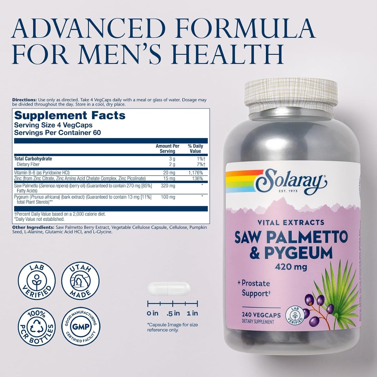 Men's Prostate Health Supplement with Saw Palmetto, Pygeum, Zinc, Vitamin B6, Pumpkin Seed, Amino Acids - 240 VegCaps - Supports Prostate Health and Beta Sitosterol - 60 Servings