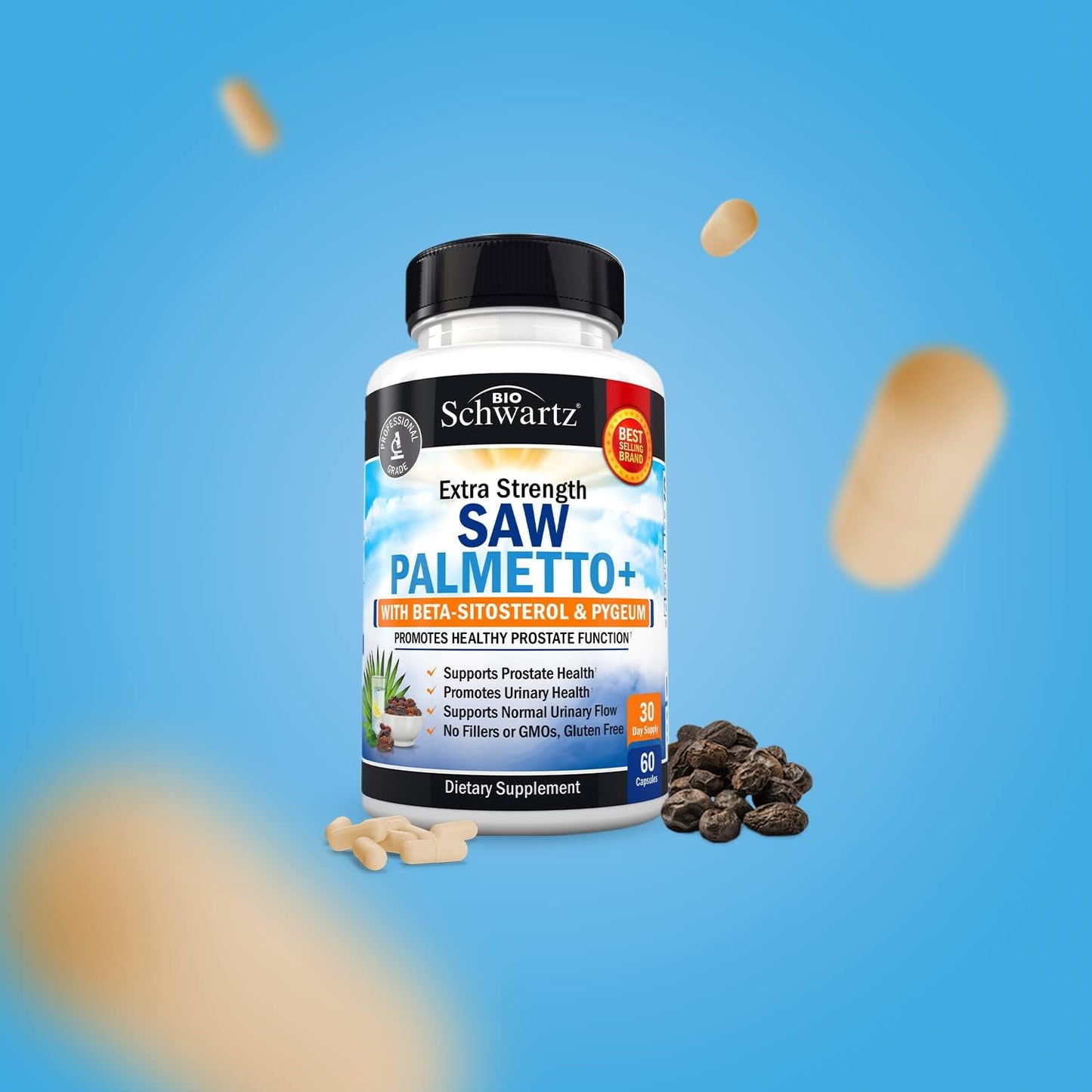 Men's Prostate Health Supplement with Saw Palmetto, Pygeum, and Beta-Sitosterol - Promotes Healthy Urinary Flow - Non GMO Gluten Free - 60 Ct