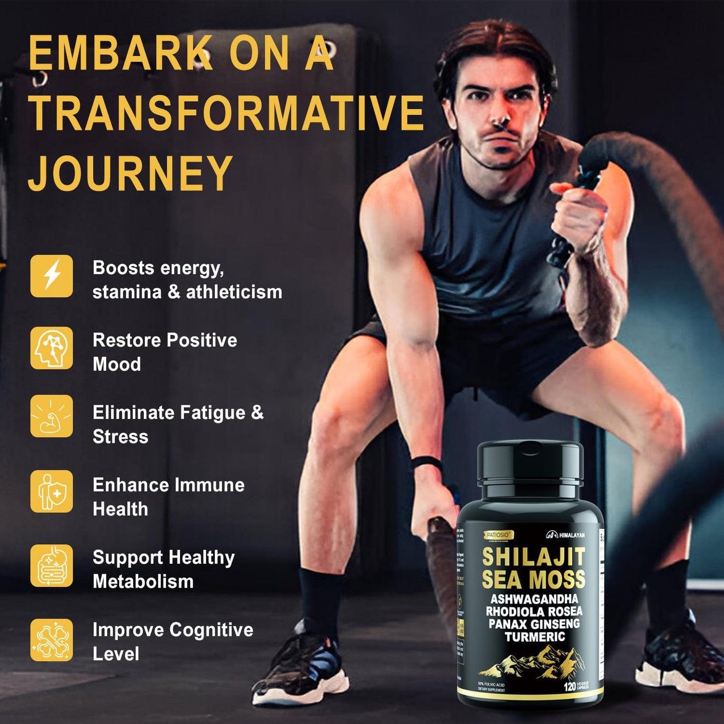 Men's Shilajit Capsules with 50% Fulvic Acid, Himalayan Shilajit Resin Extract, Sea Moss, Ashwagandha - 120 Capsules for Energy and Stamina