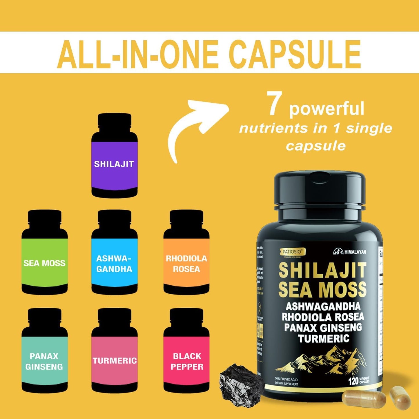 Men's Shilajit Capsules with 50% Fulvic Acid, Himalayan Shilajit Resin Extract, Sea Moss, Ashwagandha - 120 Capsules for Energy and Stamina
