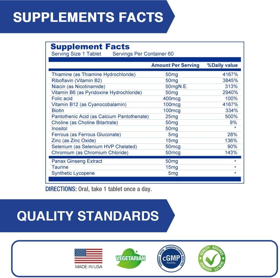 Men's Timed-Release B Complex Supplement | 8-Hour Energy Support & Nutrient Metabolism | 10 Vitamin Bs | Vegetarian Tablets (60 Count)