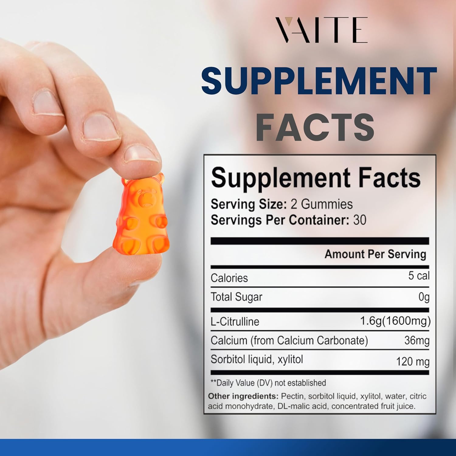 Men's VAITE L Citrulline Calcium Gummies - 1600mg per Serving, Boosts Nitroxyl & Nitric Oxide, Energy & Endurance Support, 60 Chewables