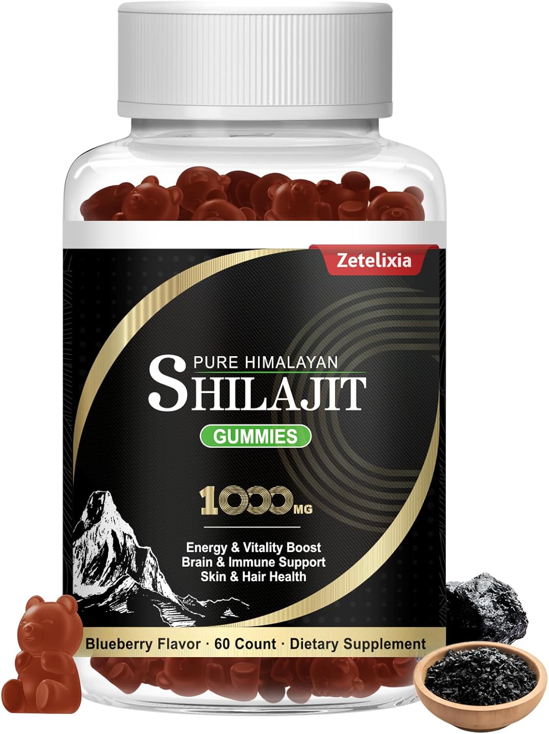 Men's Vegan Shilajit Gummies with 85+ Trace Minerals, Fulvic Acid, Sugar Free, 60 Count