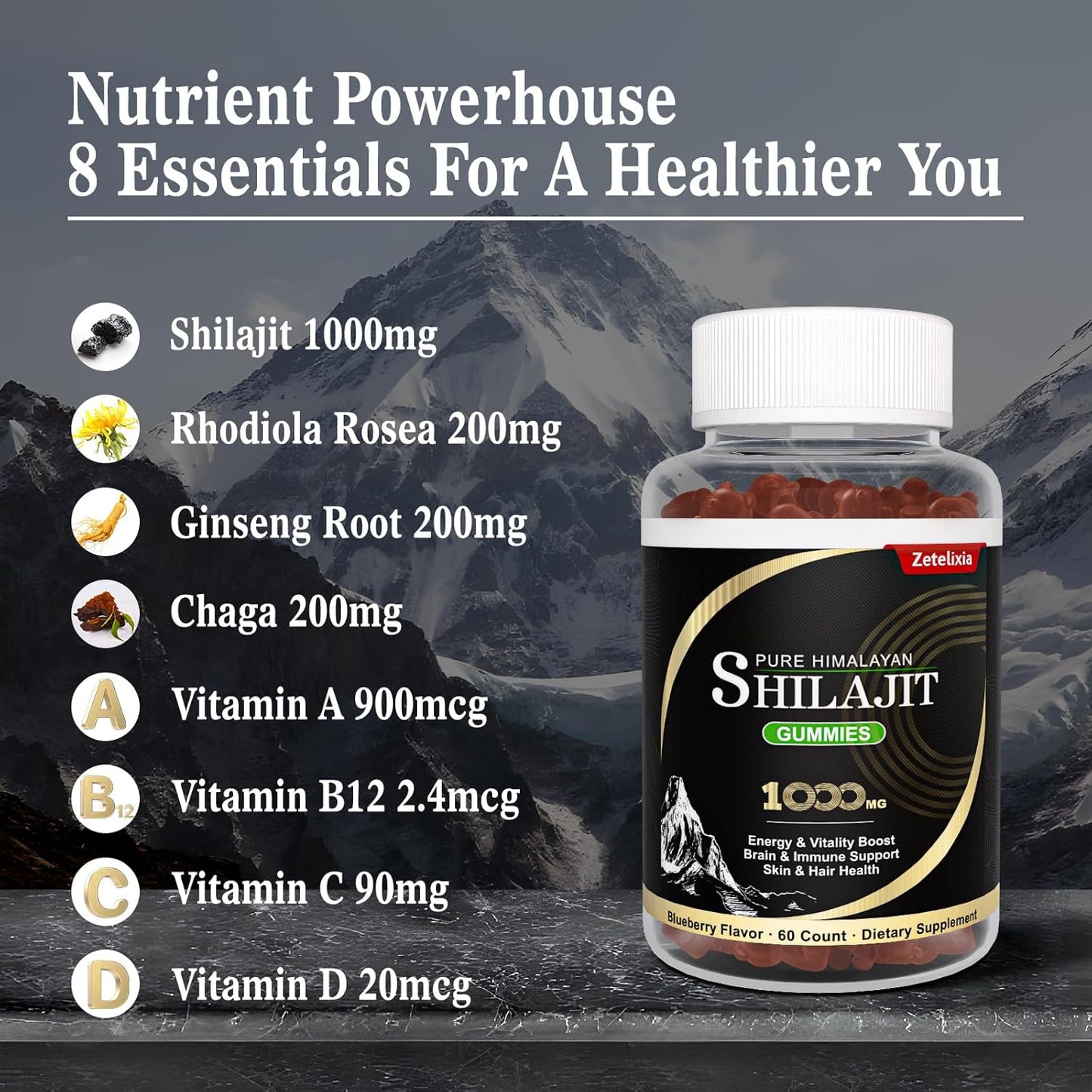 Men's Vegan Shilajit Gummies with 85+ Trace Minerals, Fulvic Acid, Sugar Free, 60 Count