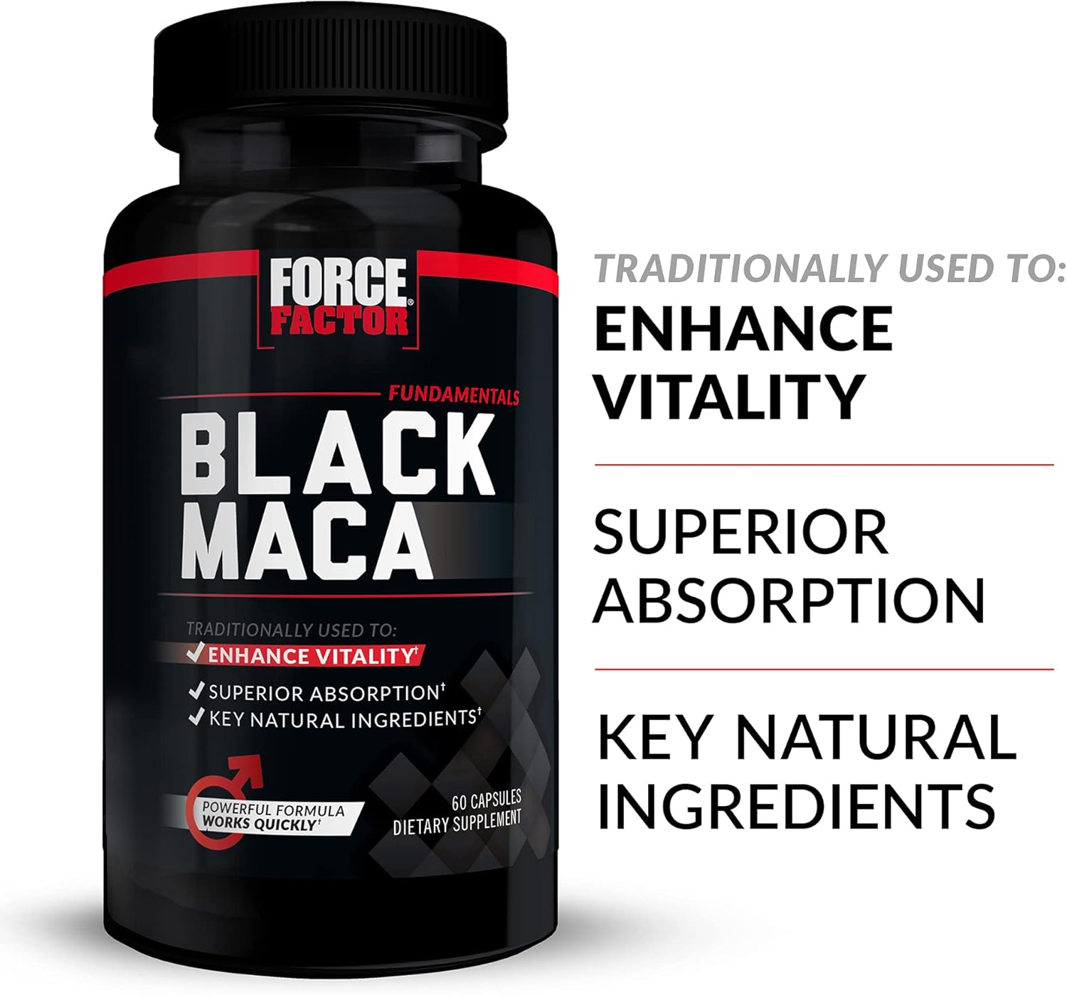 Men's Vitality Supplement: Force Factor Black Maca Root with Superior Absorption, Natural Maca Negra Extract, 1000mg - 60 Capsules