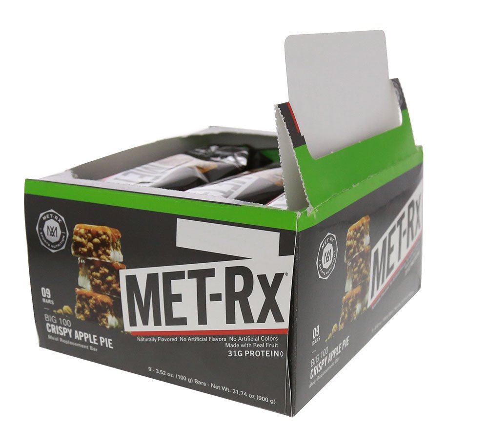 MET-Rx Big 100 Colossal Crispy Apple Pie Protein Bars, 9 Count Meal Replacement Bars