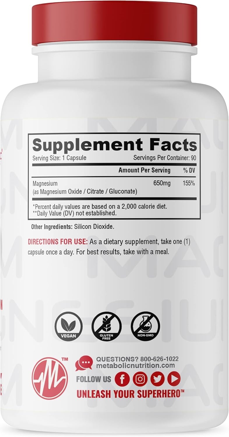 Metabolic Nutrition Magnesium Capsules - 650mg per Serving, Non-GMO, Vegan, Gluten-Free - 90 Count
