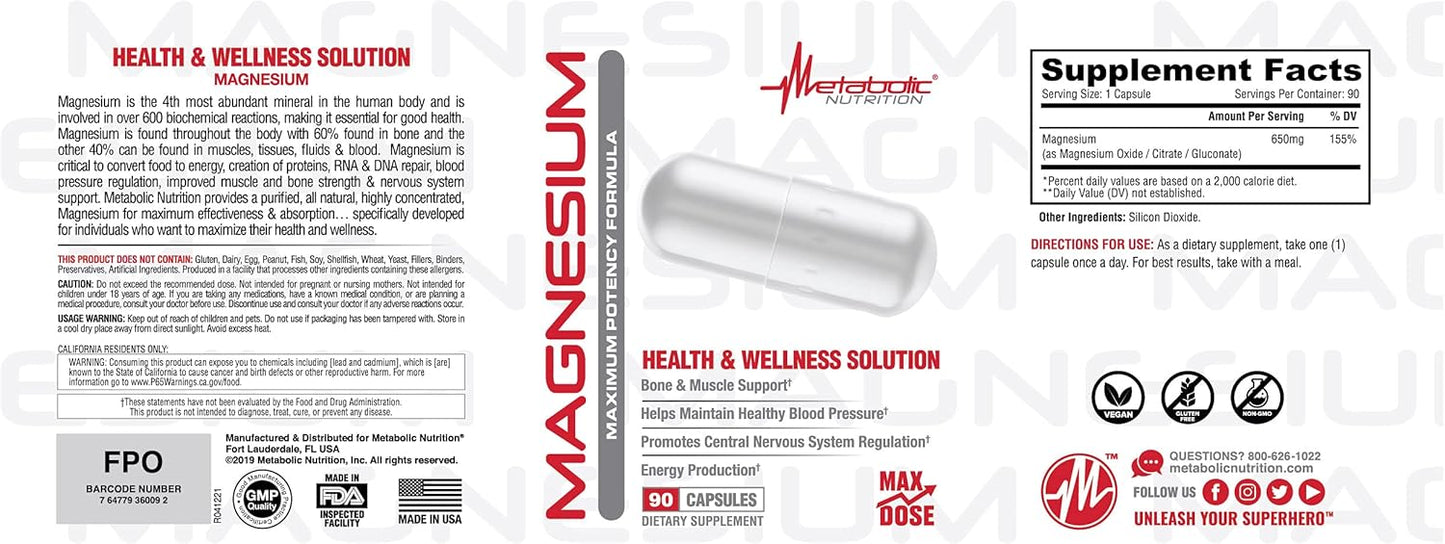 Metabolic Nutrition Magnesium Capsules - 650mg per Serving, Non-GMO, Vegan, Gluten-Free - 90 Count