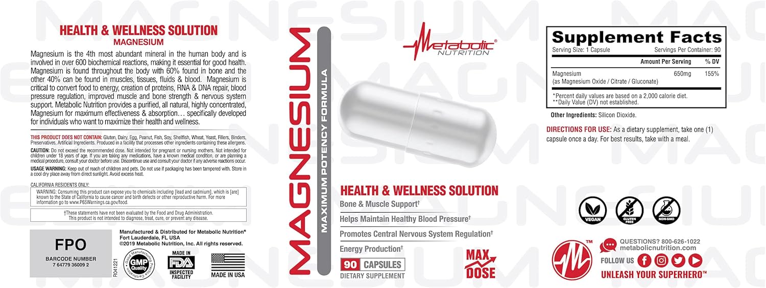 Metabolic Nutrition Magnesium Capsules - 650mg per Serving, Non-GMO, Vegan, Gluten-Free - 90 Count