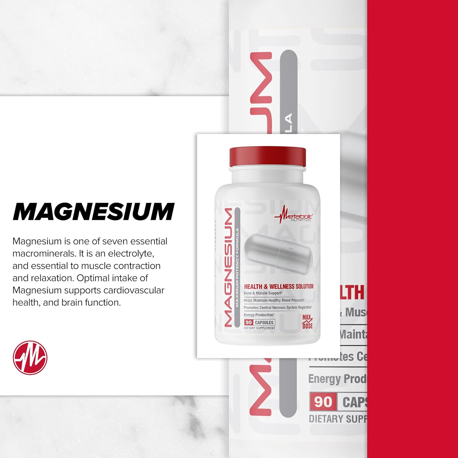 Metabolic Nutrition Magnesium Capsules - 650mg per Serving, Non-GMO, Vegan, Gluten-Free - 90 Count