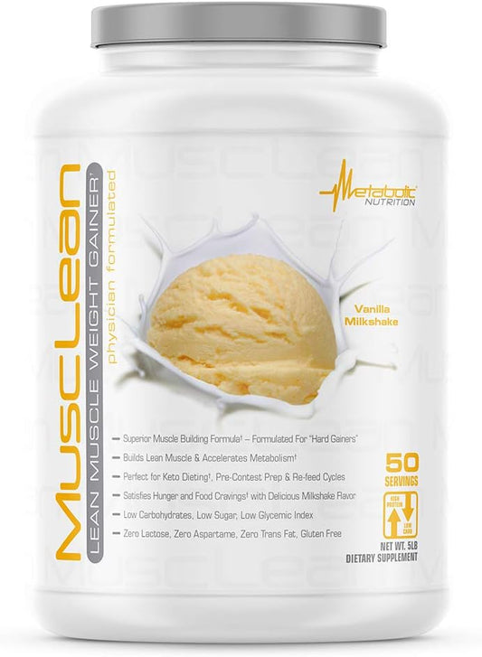Metabolic Nutrition Musclean Milkshake: High Protein Meal Replacement with Digestive Enzymes - Vanilla Flavor, 5lb