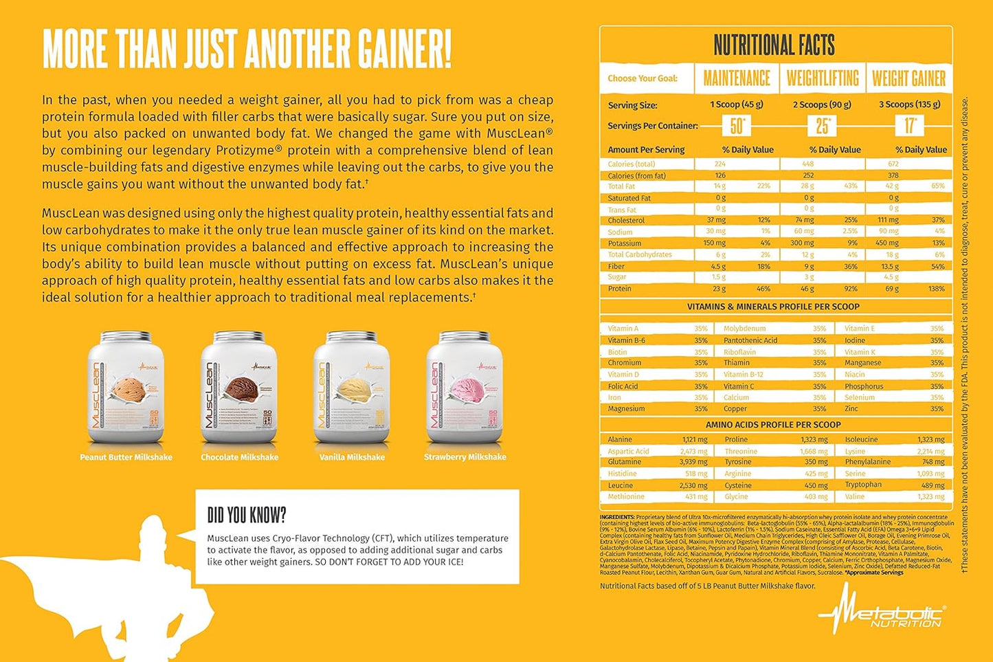 Metabolic Nutrition Musclean Milkshake: High Protein Meal Replacement with Digestive Enzymes - Vanilla Flavor, 5lb