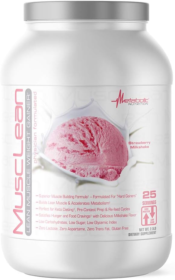 Metabolic Nutrition Musclean Whey High Protein Meal Replacement Shake - Strawberry Flavor, 2.5lb (25 Servings) - Low Carb, Keto-Friendly with Digestive Enzymes