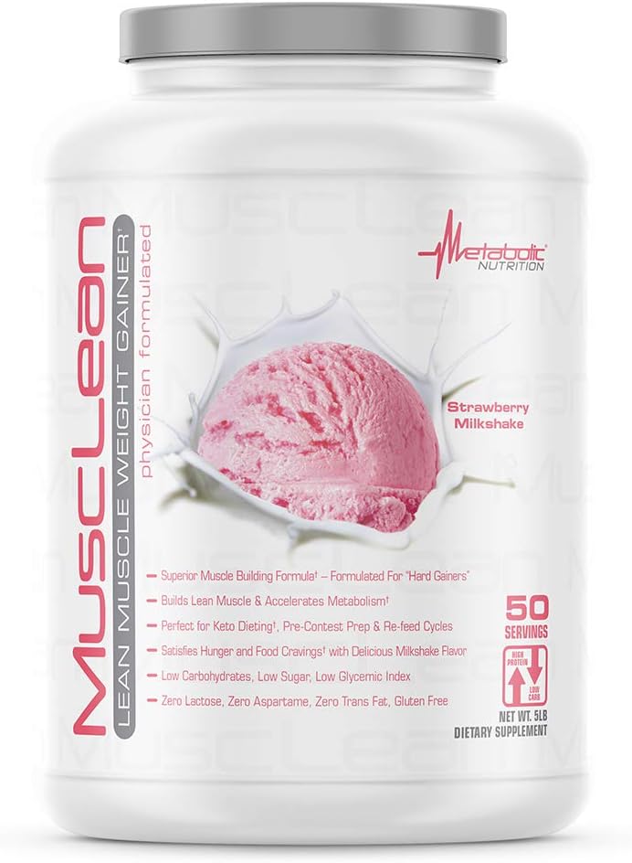 Metabolic Nutrition Musclean Whey Protein Shake, Meal Replacement with Digestive Enzymes, Low Carb Keto Diet Support, Strawberry Flavor, 5lb (50 Servings)