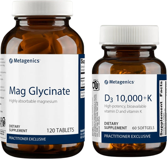 Metagenics D3 10,000 + K & Magnesium Glycinate Bundle - Immune, Bone, Heart, & Nervous System Support - 60 Softgels + 120 Tablets