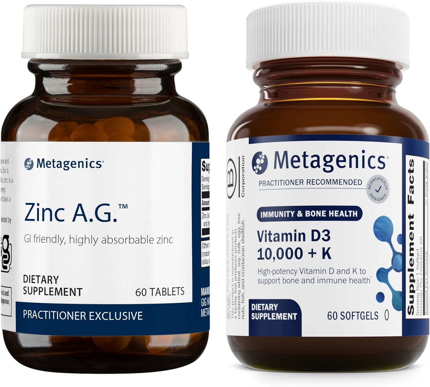 Metagenics Immune Support Bundle: Zinc A.G. & D3 10,000 + K - 60 Tablets & 60 Softgels for Bone and Heart Health