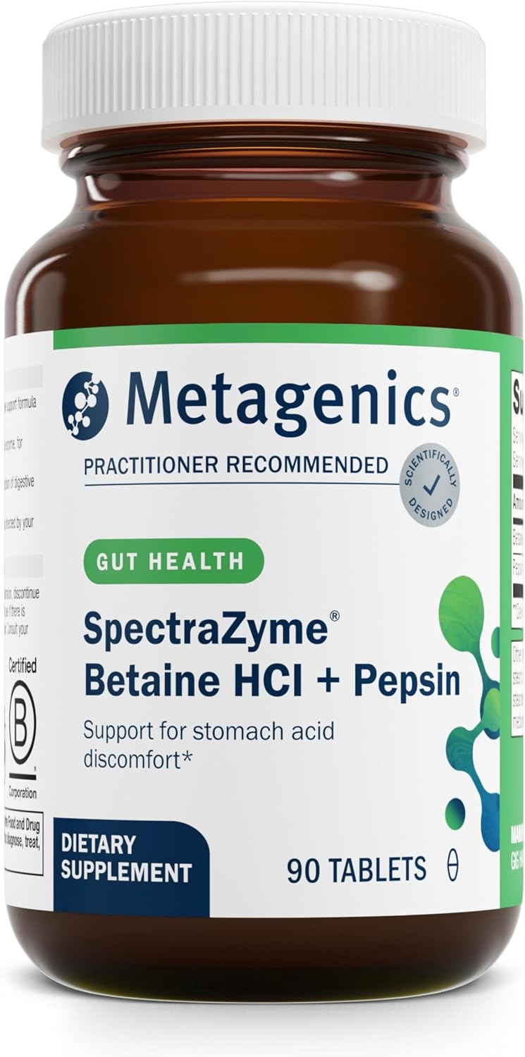 Metagenics SpectraZyme Betaine HCI + Pepsin - Digestive Enzyme Support Supplement - Non-GMO - 90 Tablets